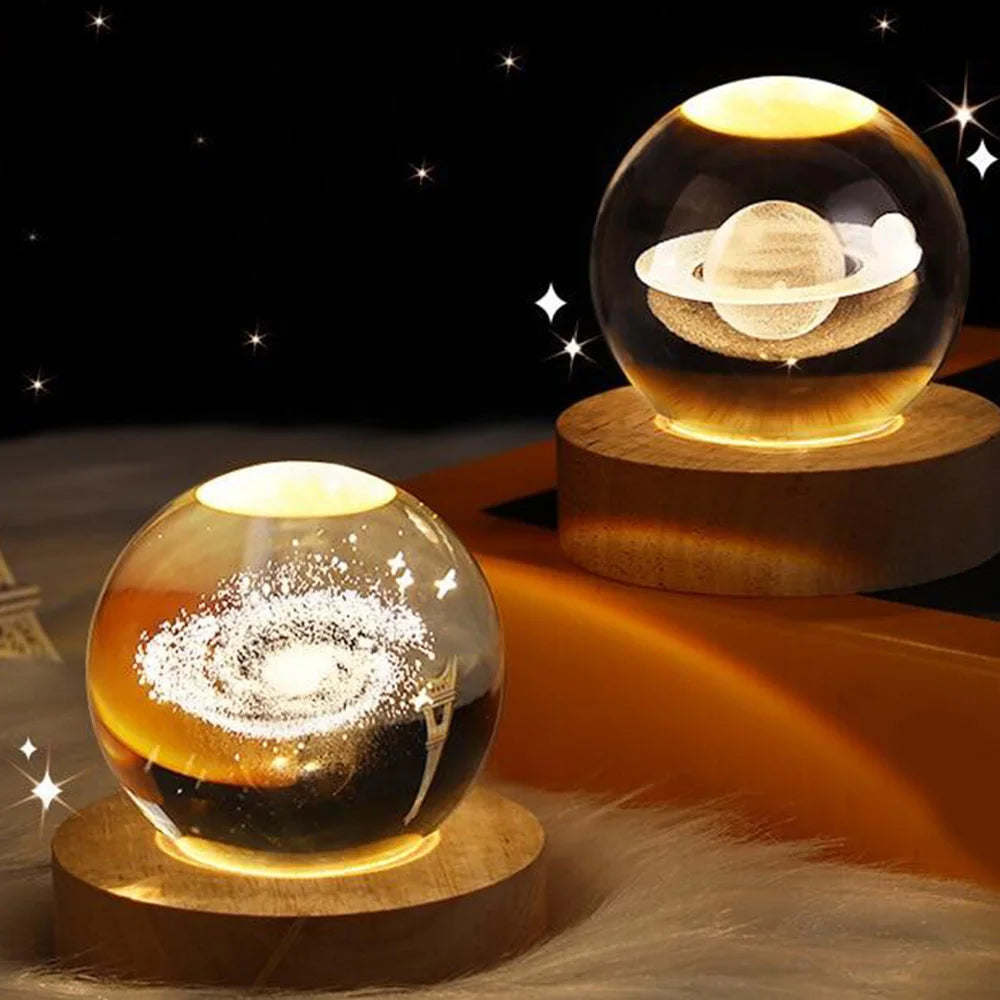 3D Crystal Ball Night Light Glowing Planetary Galaxy Astronaut Table Lamp USB Powered Bedside Light Desktop Decor Christmas Gift